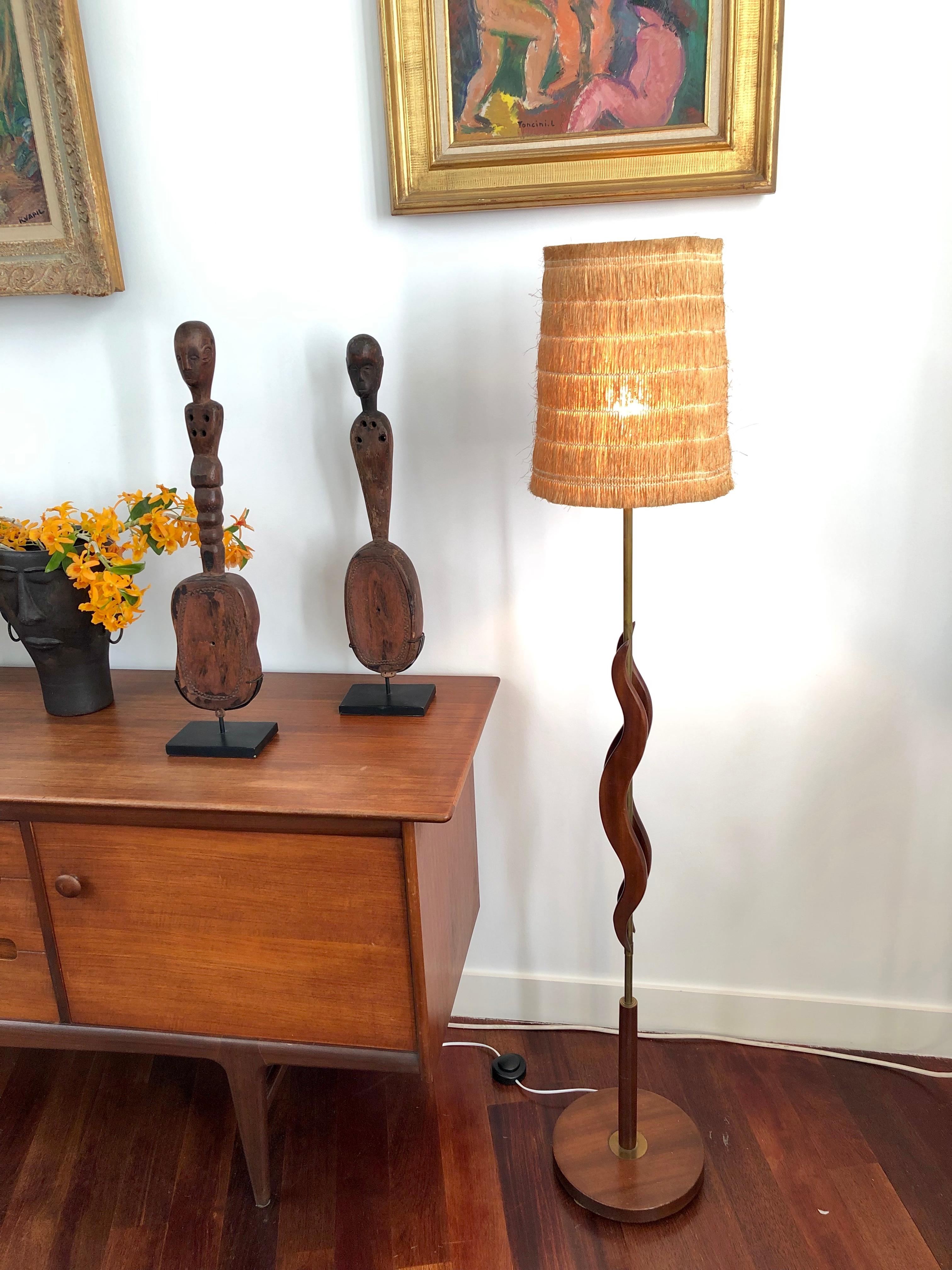 Midcentury French Wooden and Brass Floor Lamp, circa 1950s 8