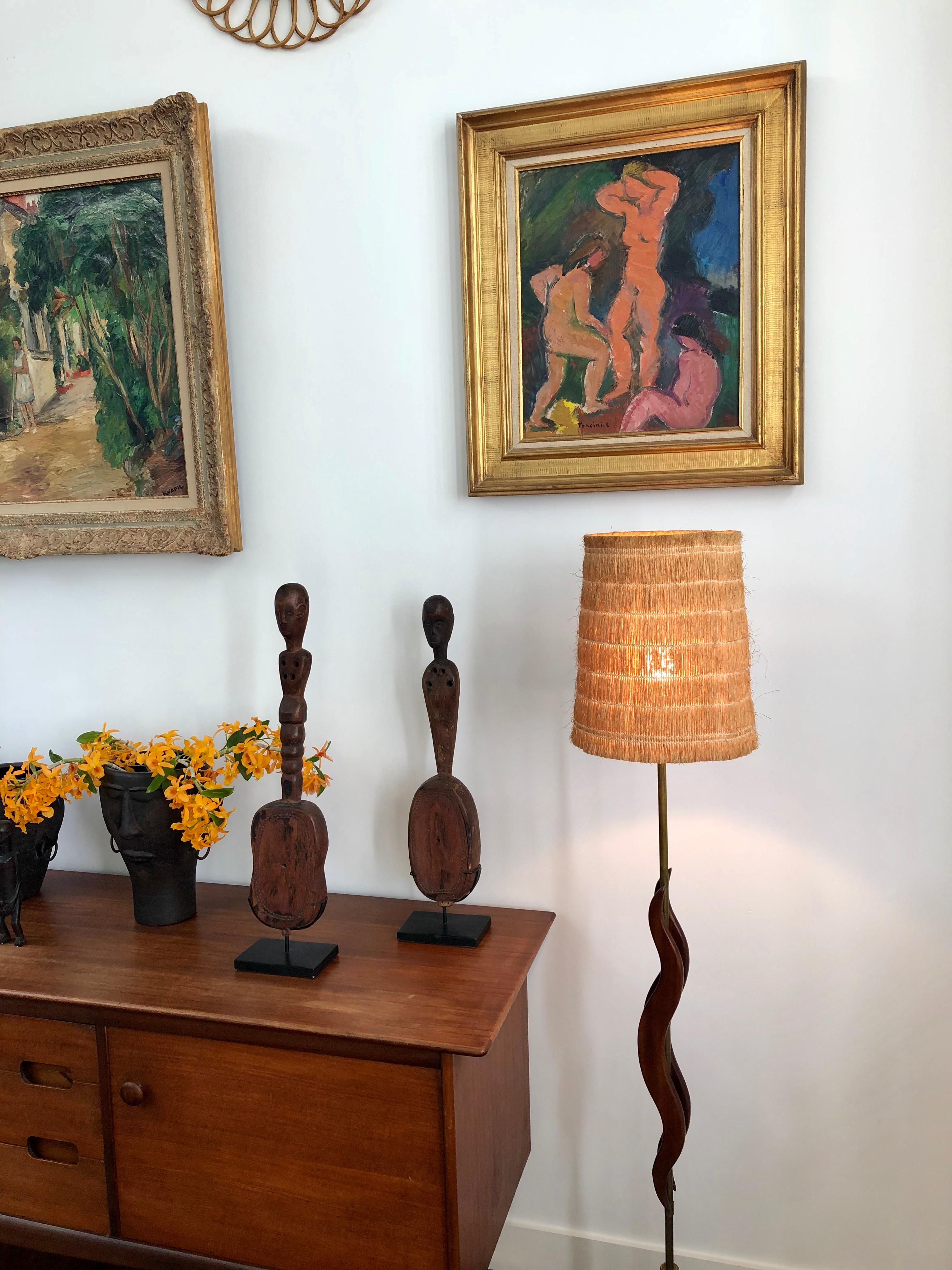 Mid-Century Modern Midcentury French Wooden and Brass Floor Lamp, circa 1950s