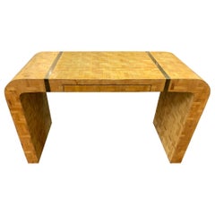 Midcentury French Woven Parquetry Veneer Inlaid Writing Table