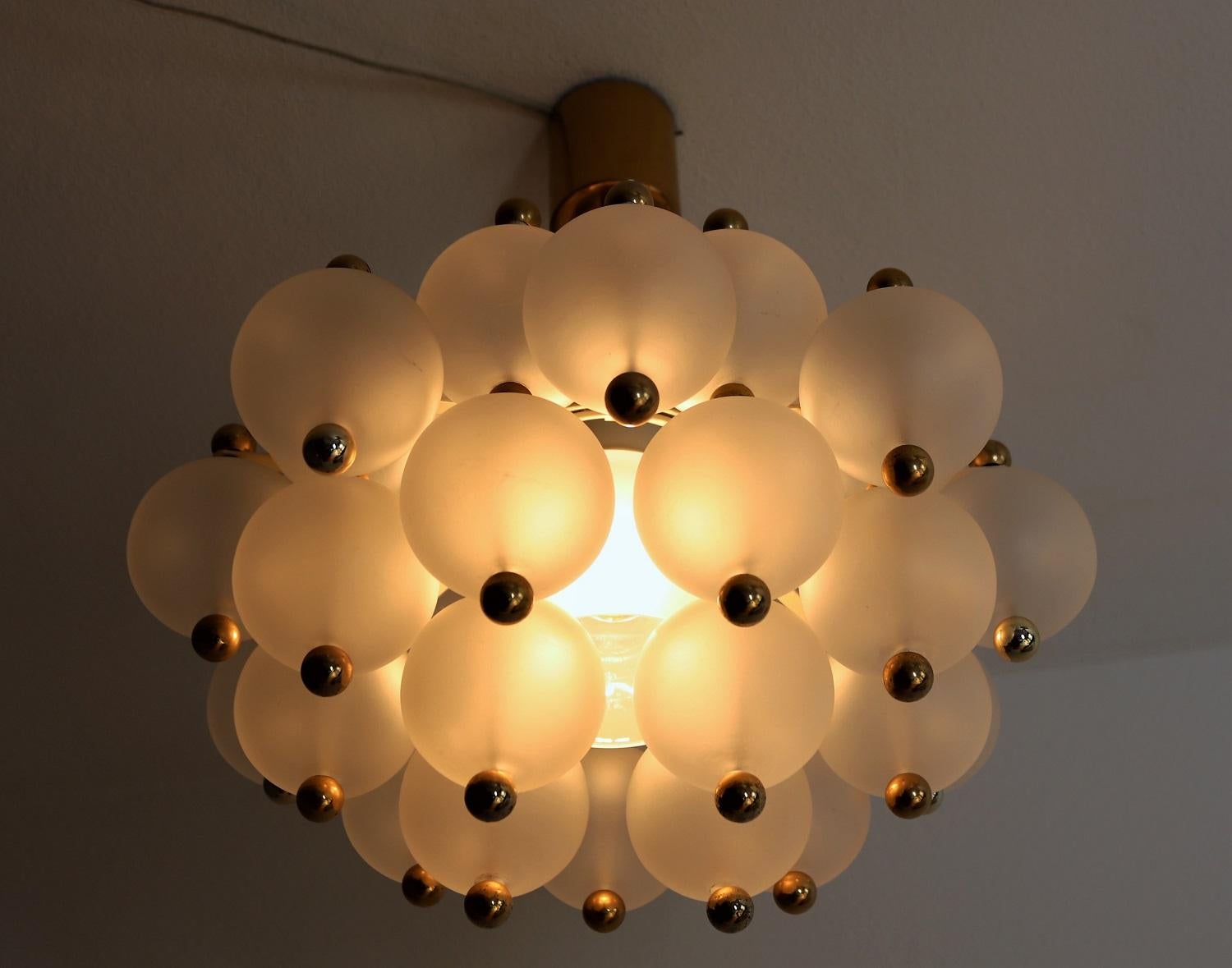 German Midcentury Frosted Glass and Brass Chandelier from Kinkeldey, 1970s
