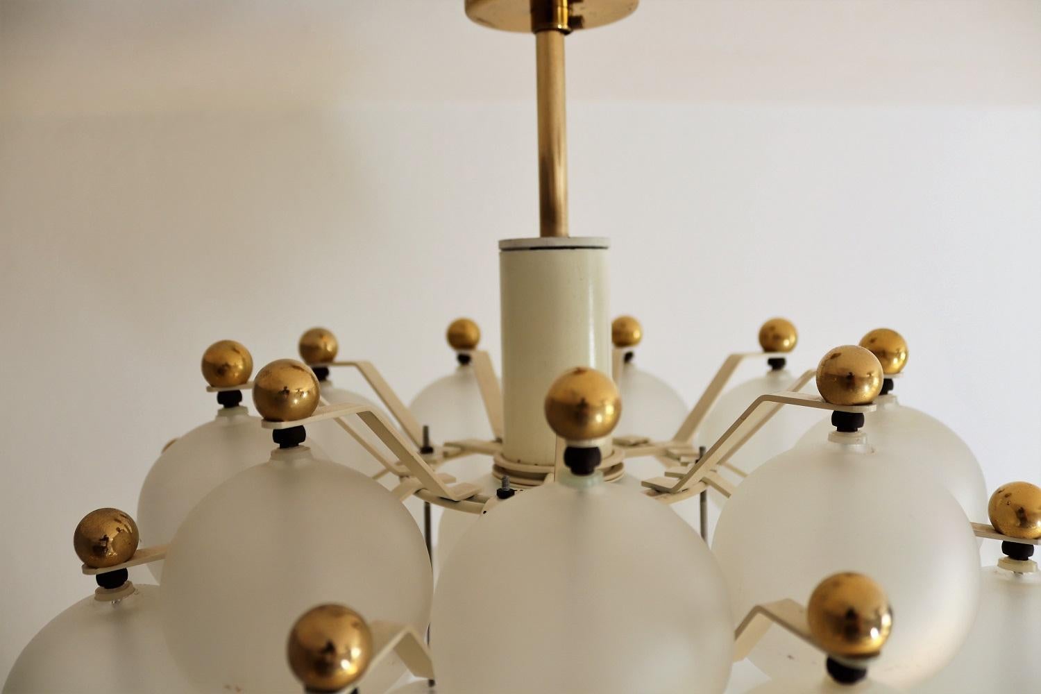 Metal Midcentury Frosted Glass and Brass Chandelier from Kinkeldey, 1970s