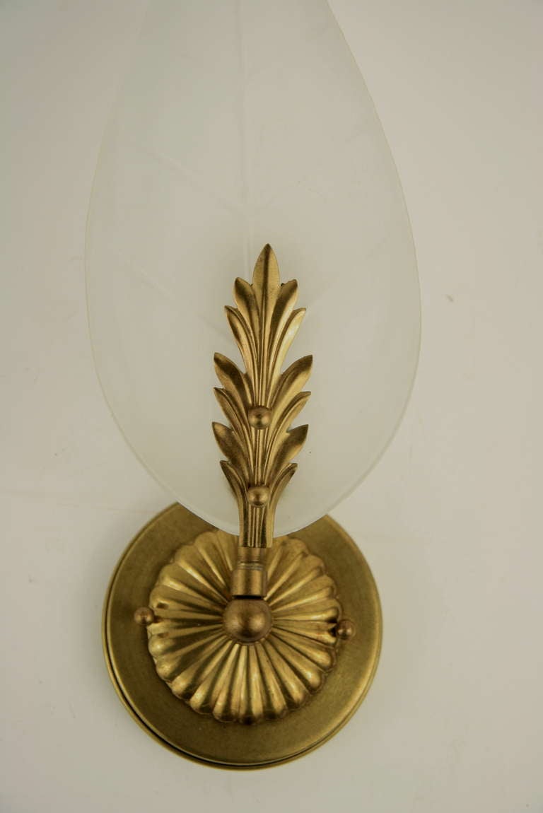 Italian Pair   Mid Century Frosted Glass Leaf Sconce