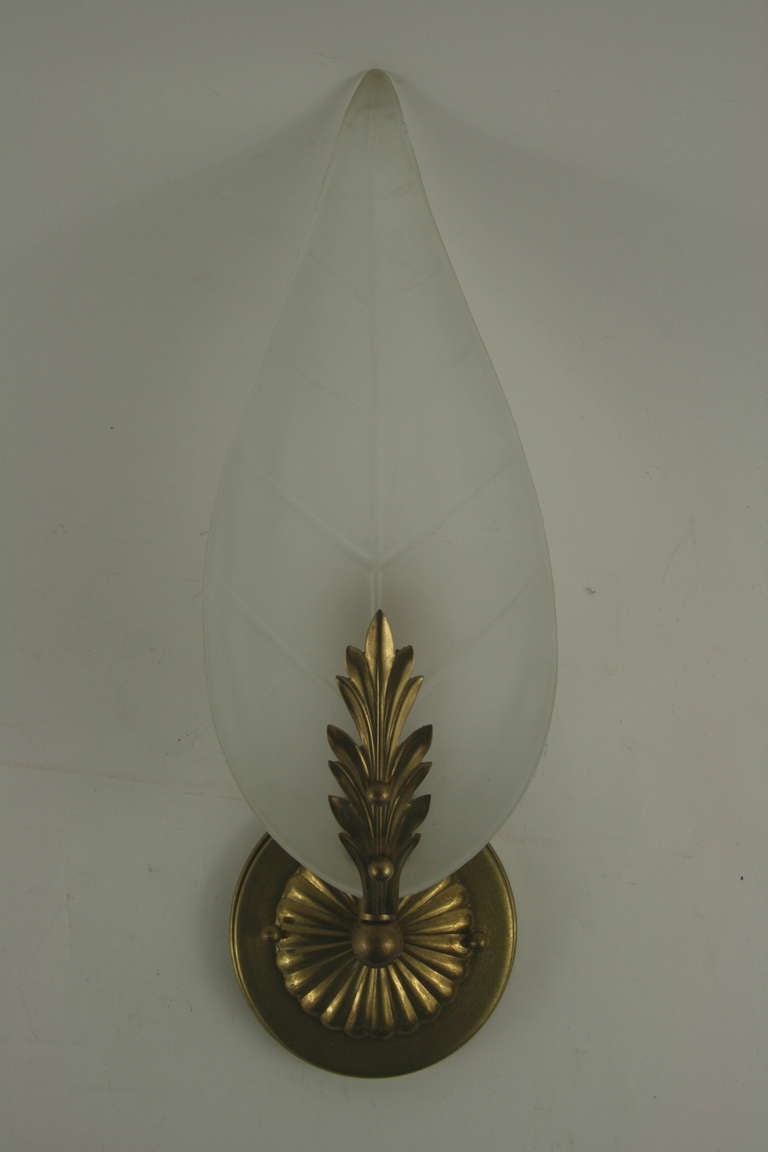 Pair   Mid Century Frosted Glass Leaf Sconce In Good Condition In Douglas Manor, NY