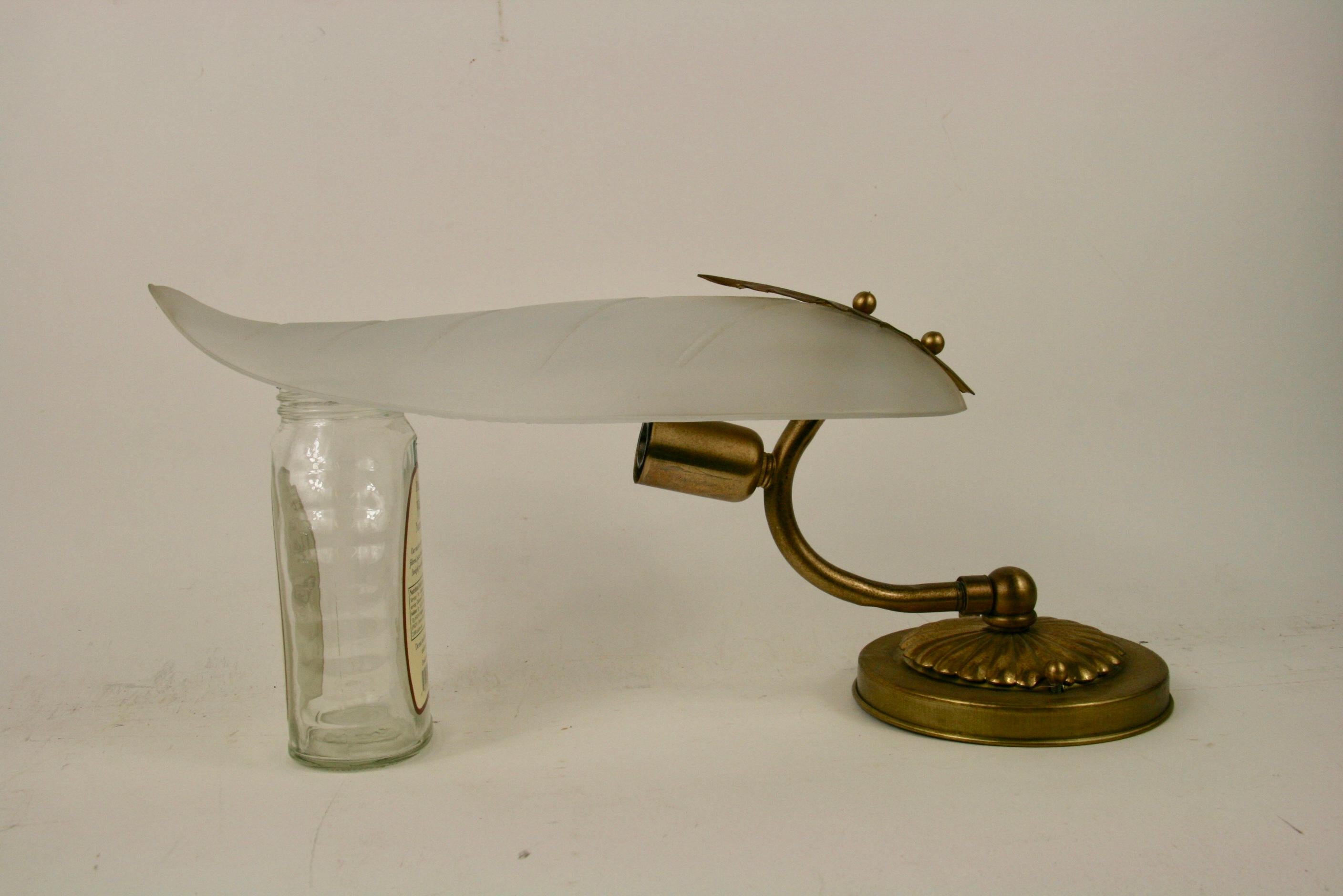 Brass Pair   Mid Century Frosted Glass Leaf Sconce