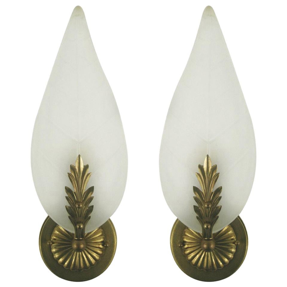 Pair   Mid Century Frosted Glass Leaf Sconce