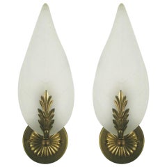 Pair Mid Century Frosted Glass Leaf Sconce
