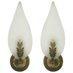 Pair   Mid Century Frosted Glass Leaf Sconce