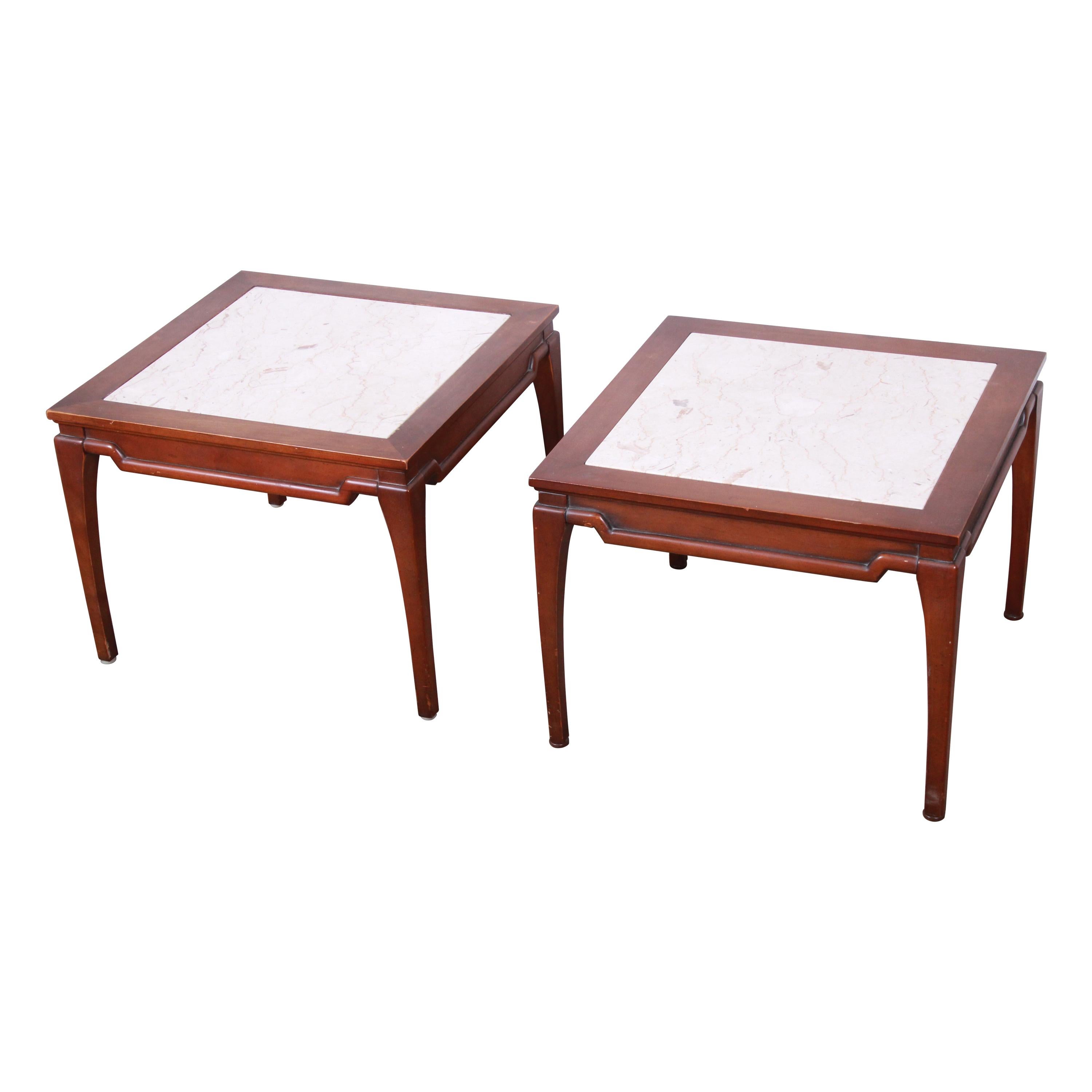 Midcentury Fruitwood Side Tables with Italian Marble Tops, Pair