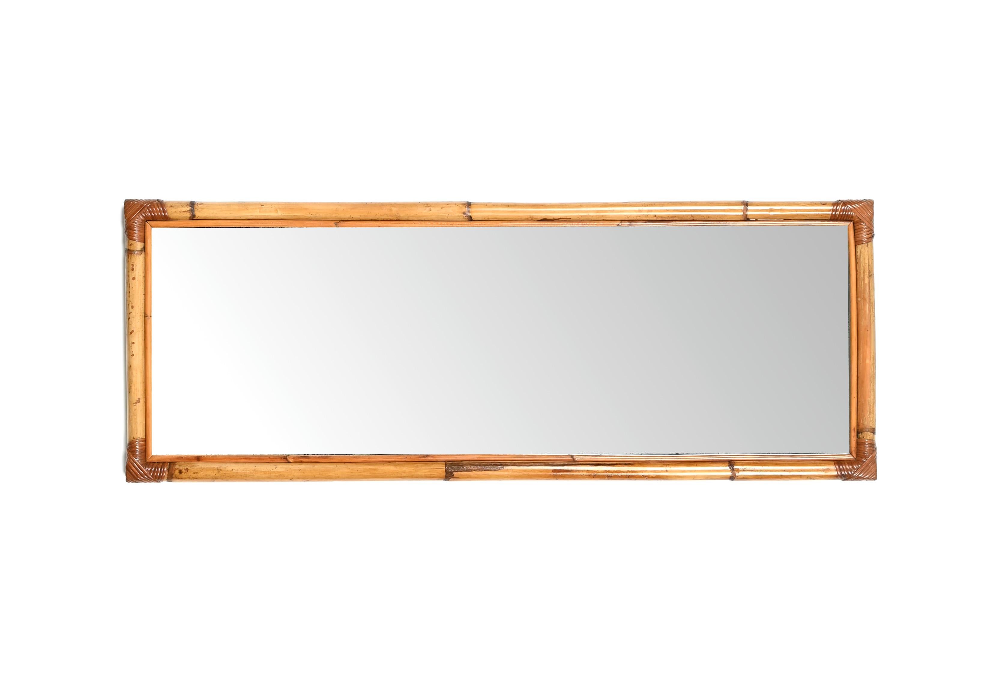 Midcentury Full Length Rectangular Mirror in Bamboo and Rattan, Italy 1970s 3