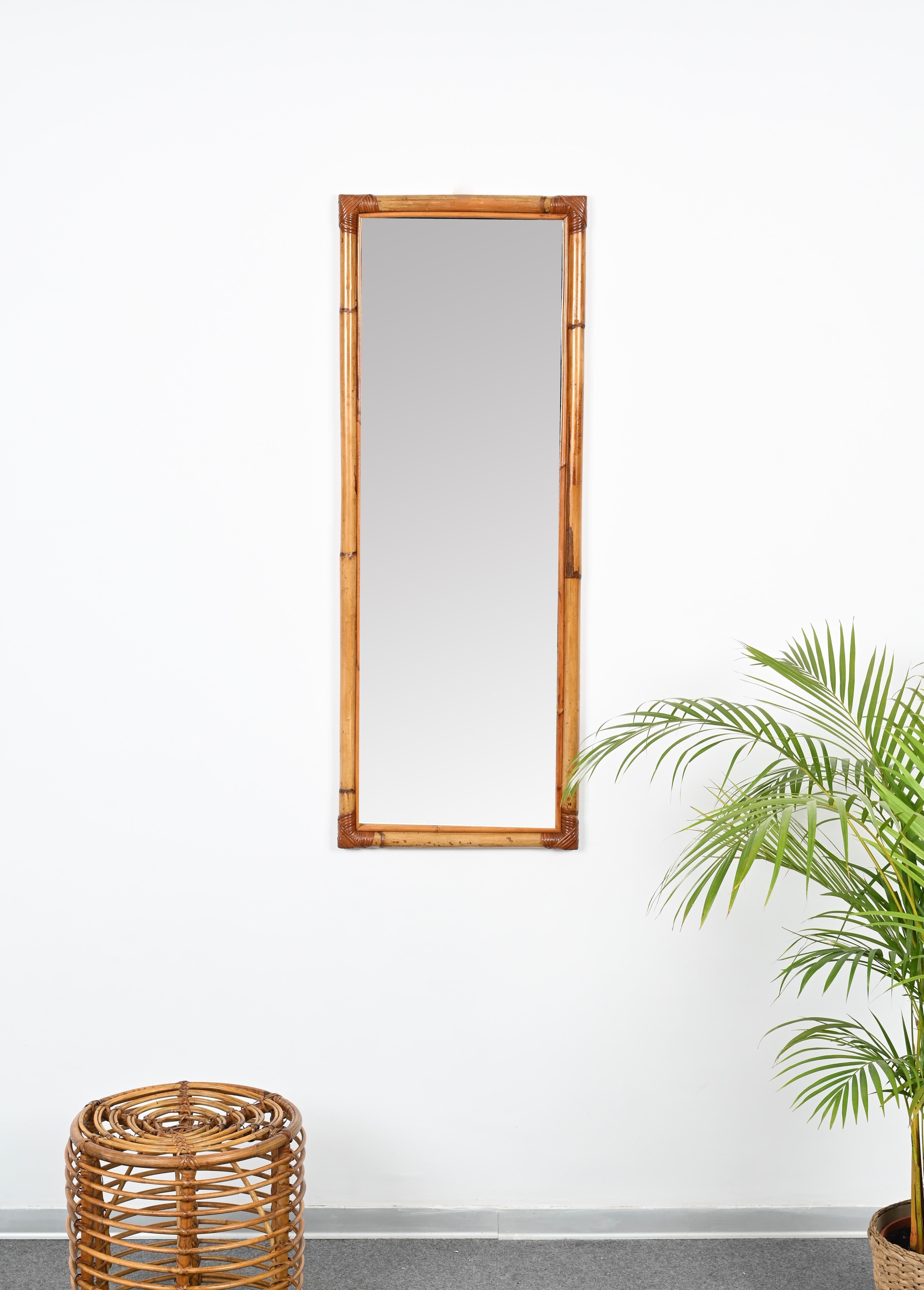 Mid-Century Modern Midcentury Full Length Rectangular Mirror in Bamboo and Rattan, Italy 1970s