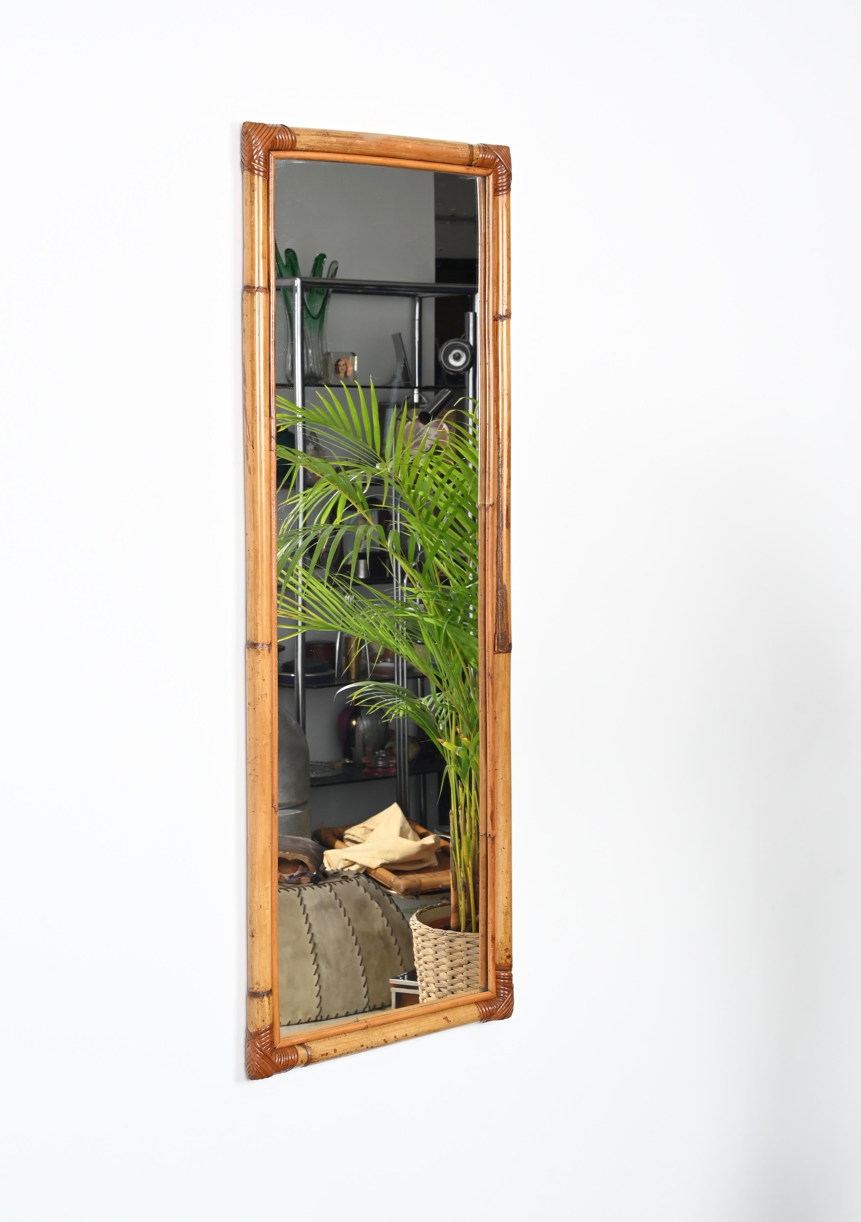 Italian Midcentury Full Length Rectangular Mirror in Bamboo and Rattan, Italy 1970s