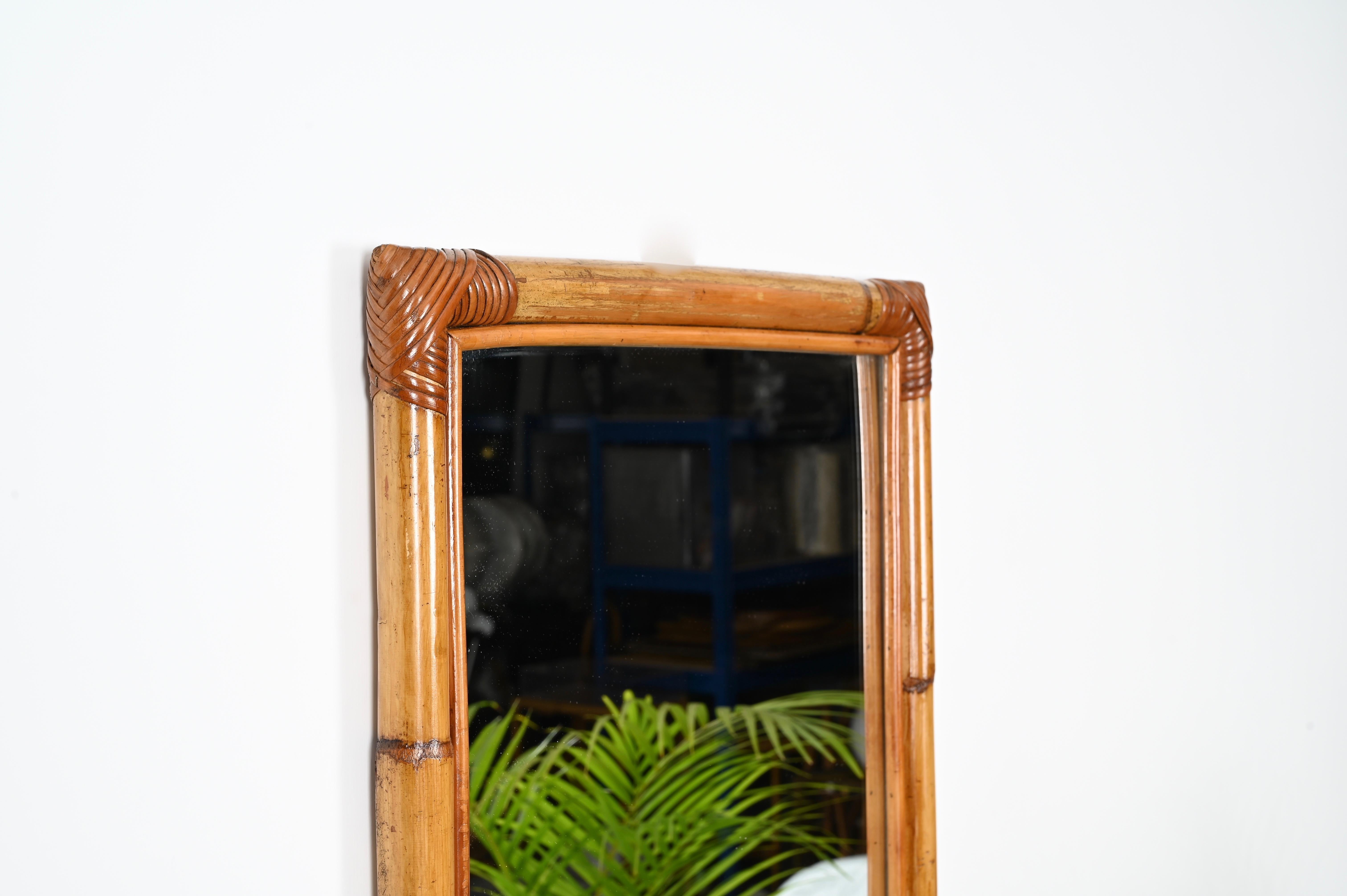 Hand-Crafted Midcentury Full Length Rectangular Mirror in Bamboo and Rattan, Italy 1970s