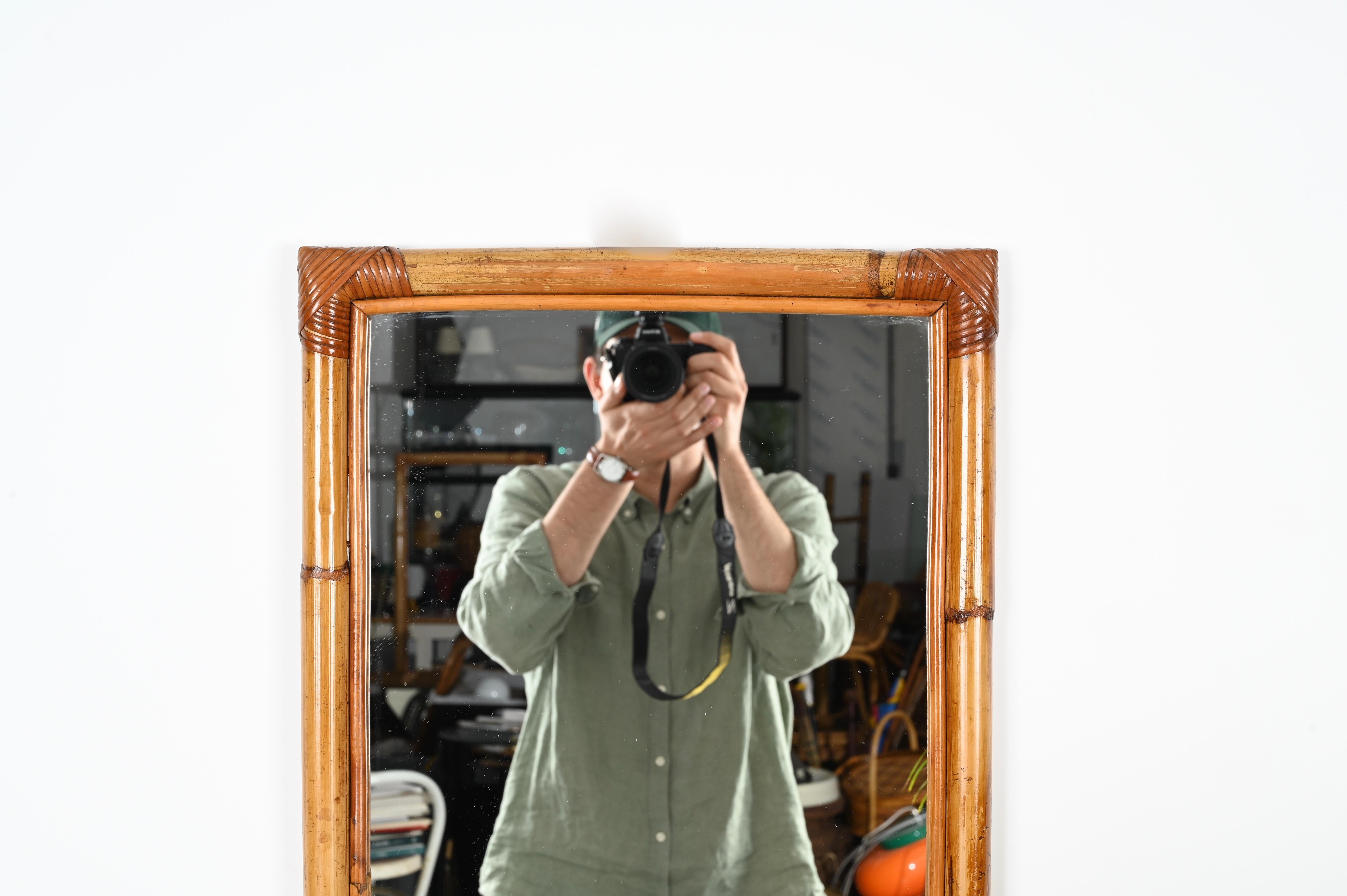 Midcentury Full Length Rectangular Mirror in Bamboo and Rattan, Italy 1970s In Good Condition In Roma, IT