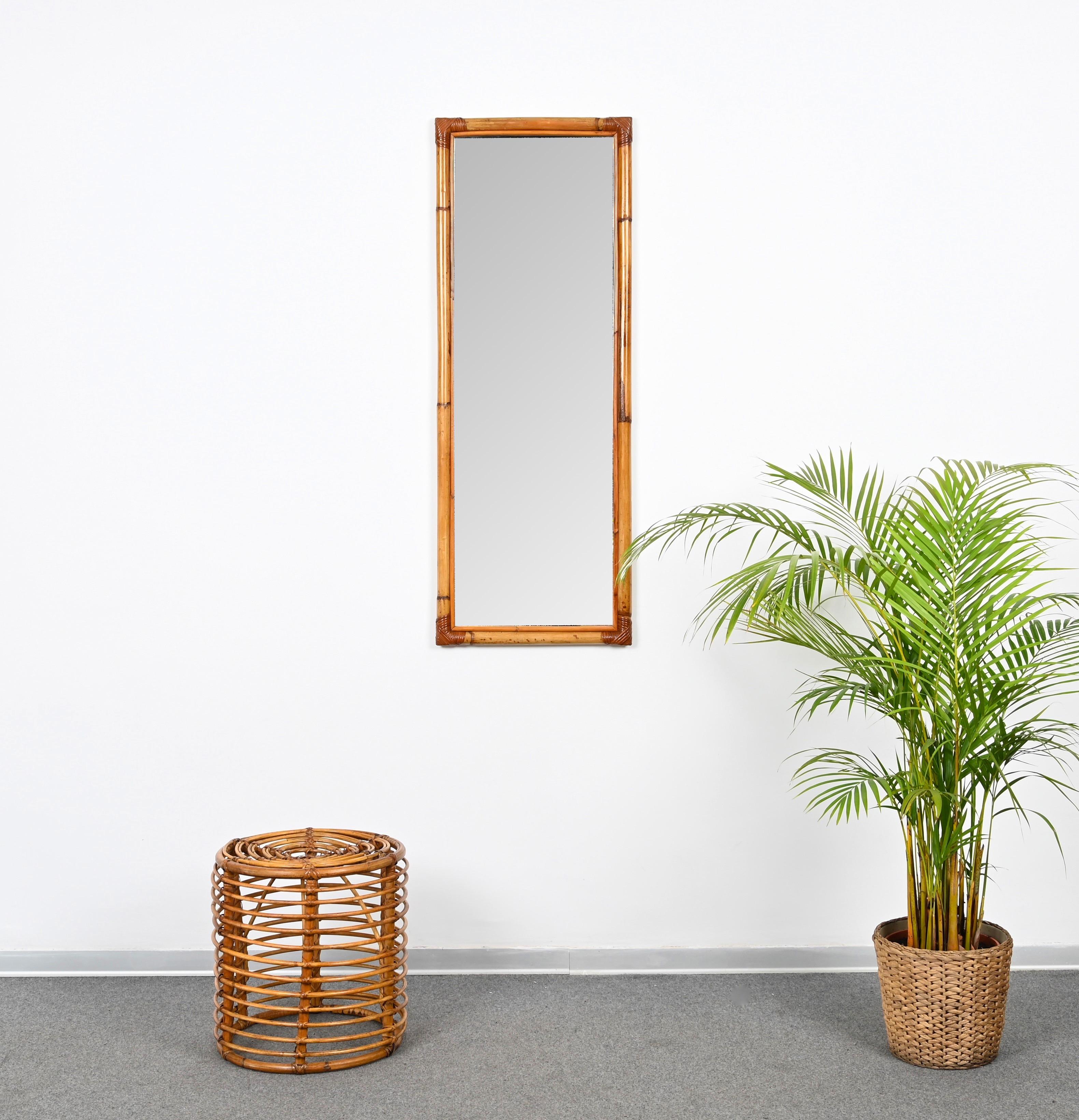 20th Century Midcentury Full Length Rectangular Mirror in Bamboo and Rattan, Italy 1970s