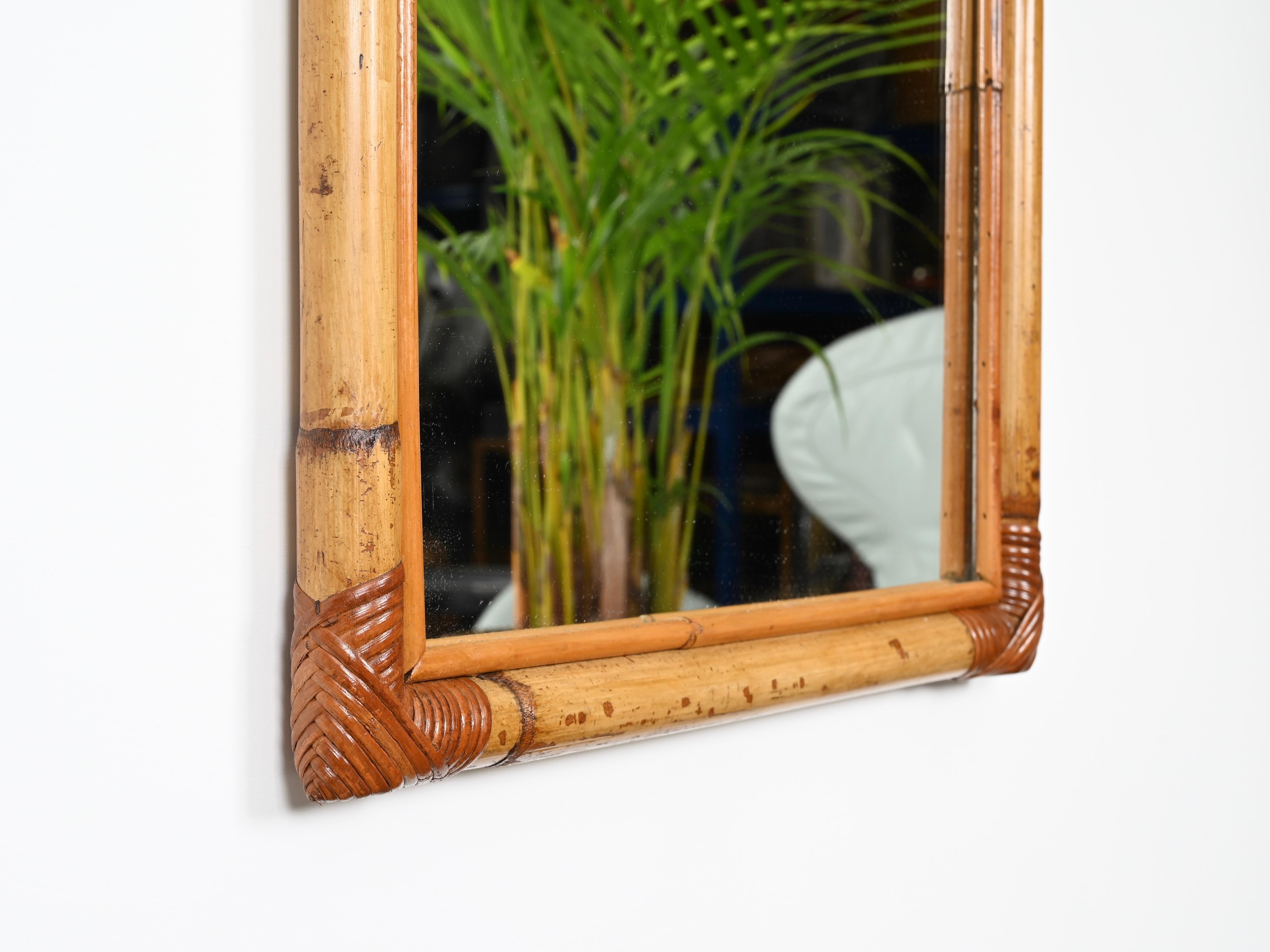 Midcentury Full Length Rectangular Mirror in Bamboo and Rattan, Italy 1970s 1