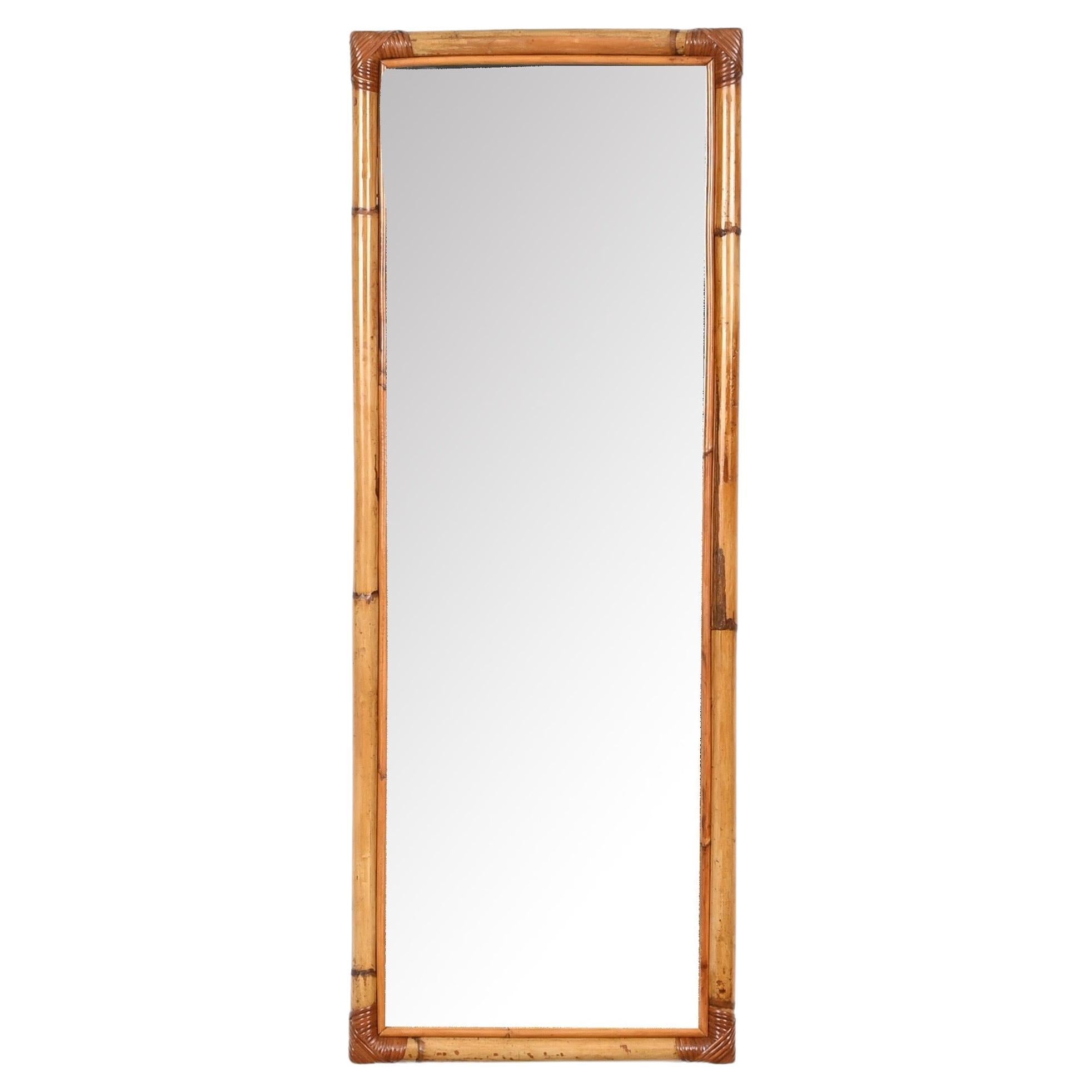 Midcentury Full Length Rectangular Mirror in Bamboo and Rattan, Italy 1970s