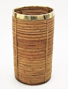 Midcentury Gabriella Crespi Style Brass and Rattan Bamboo Round Umbrella Stand