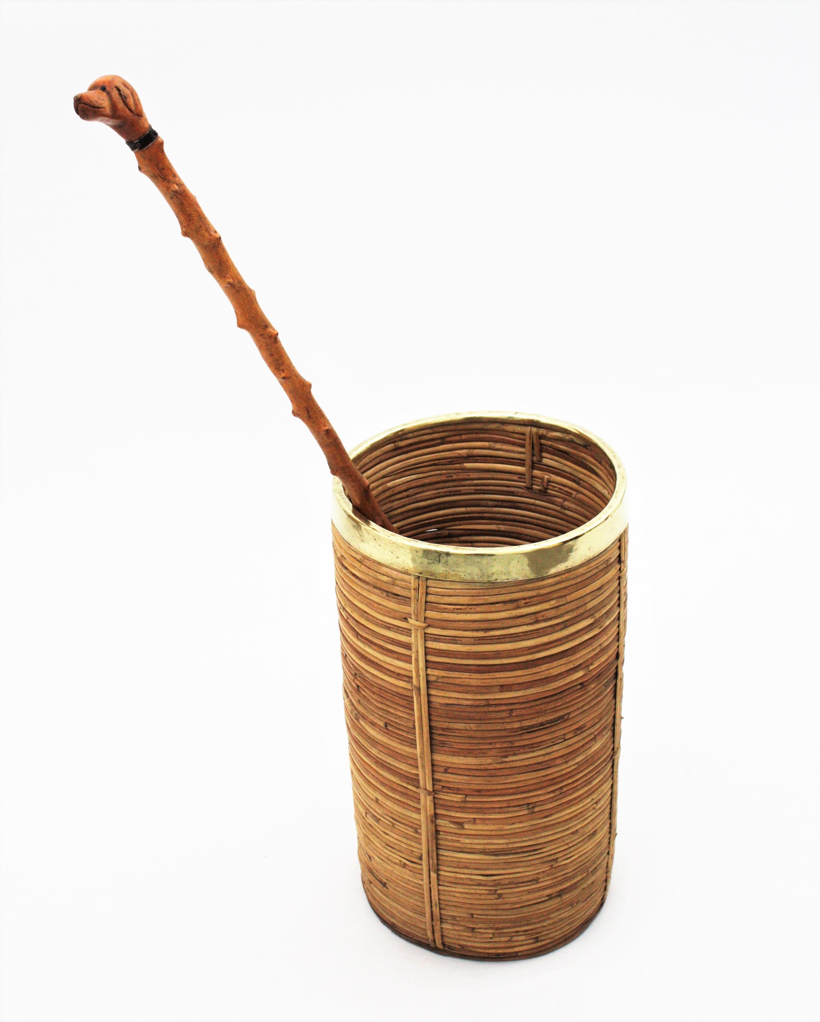 Mid-Century Modern Midcentury Gabriella Crespi Style Brass and Rattan Bamboo Round Umbrella Stand