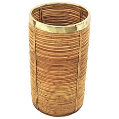 Midcentury Gabriella Crespi Style Brass and Rattan Bamboo Round Umbrella Stand