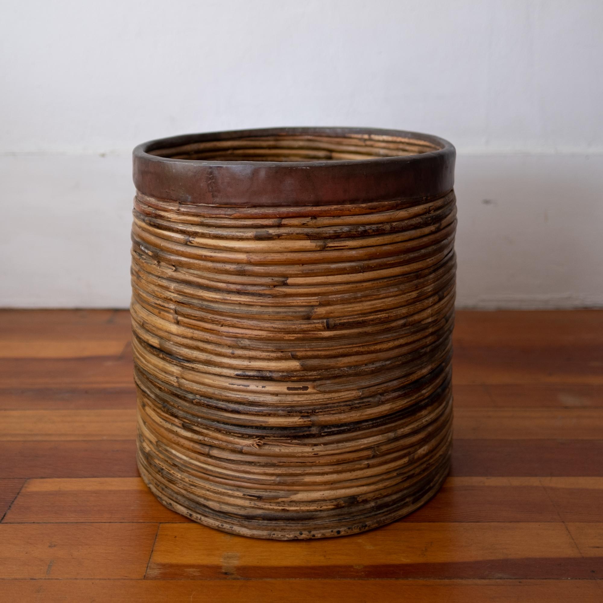 Midcentury Brass and Rattan Planter or Waste Basket 5