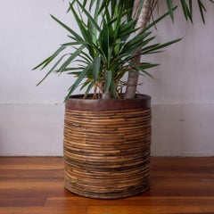 Midcentury Messing und Rattan Pflanzgefäß oder Papierkorb