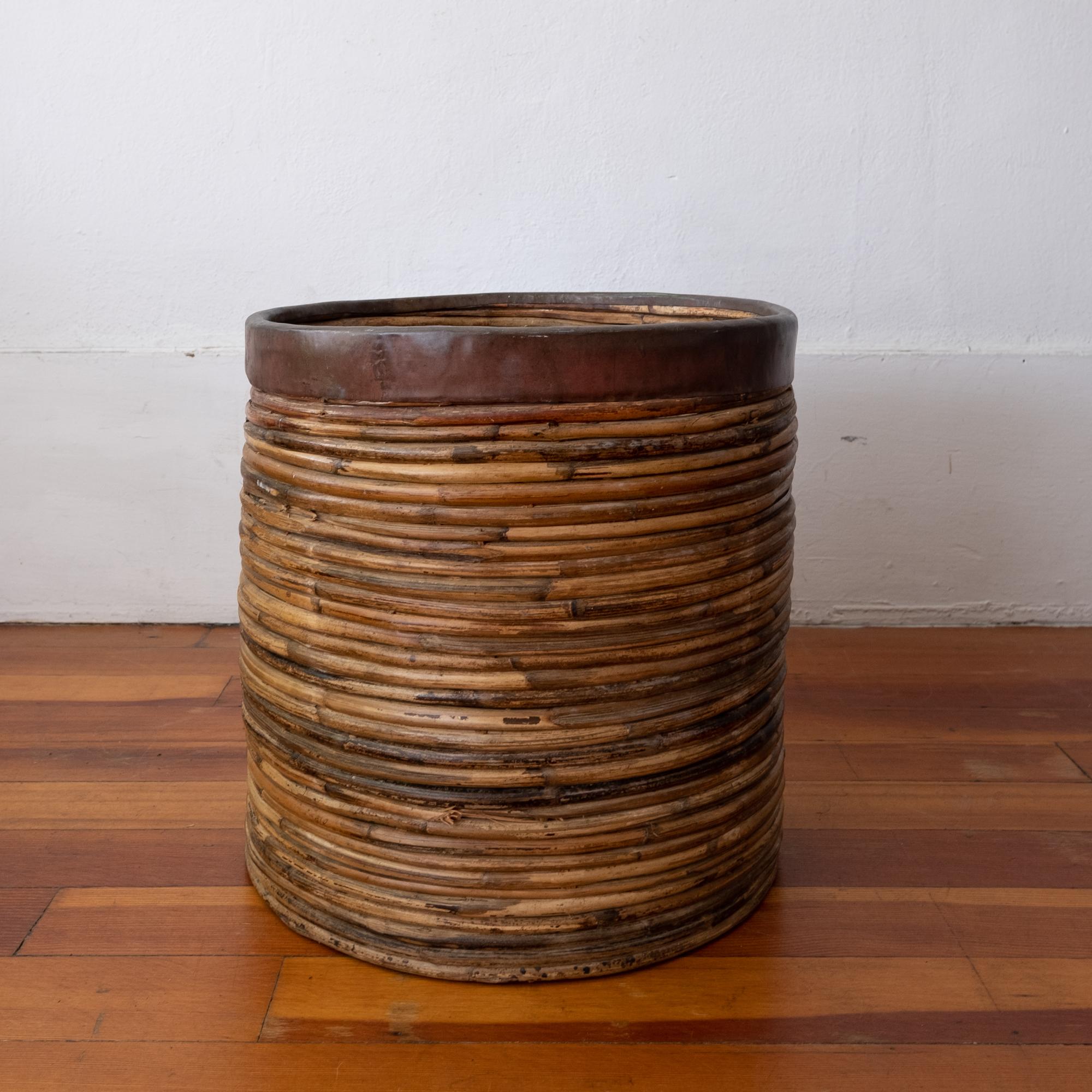 Mid-Century Modern Midcentury Brass and Rattan Planter or Waste Basket