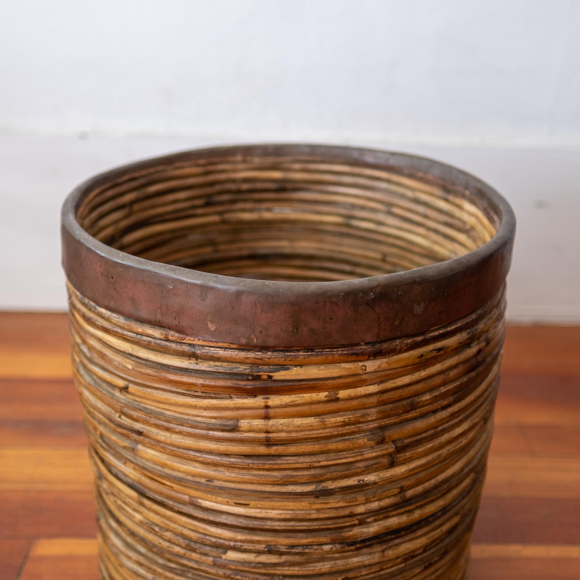 Midcentury Brass and Rattan Planter or Waste Basket 3