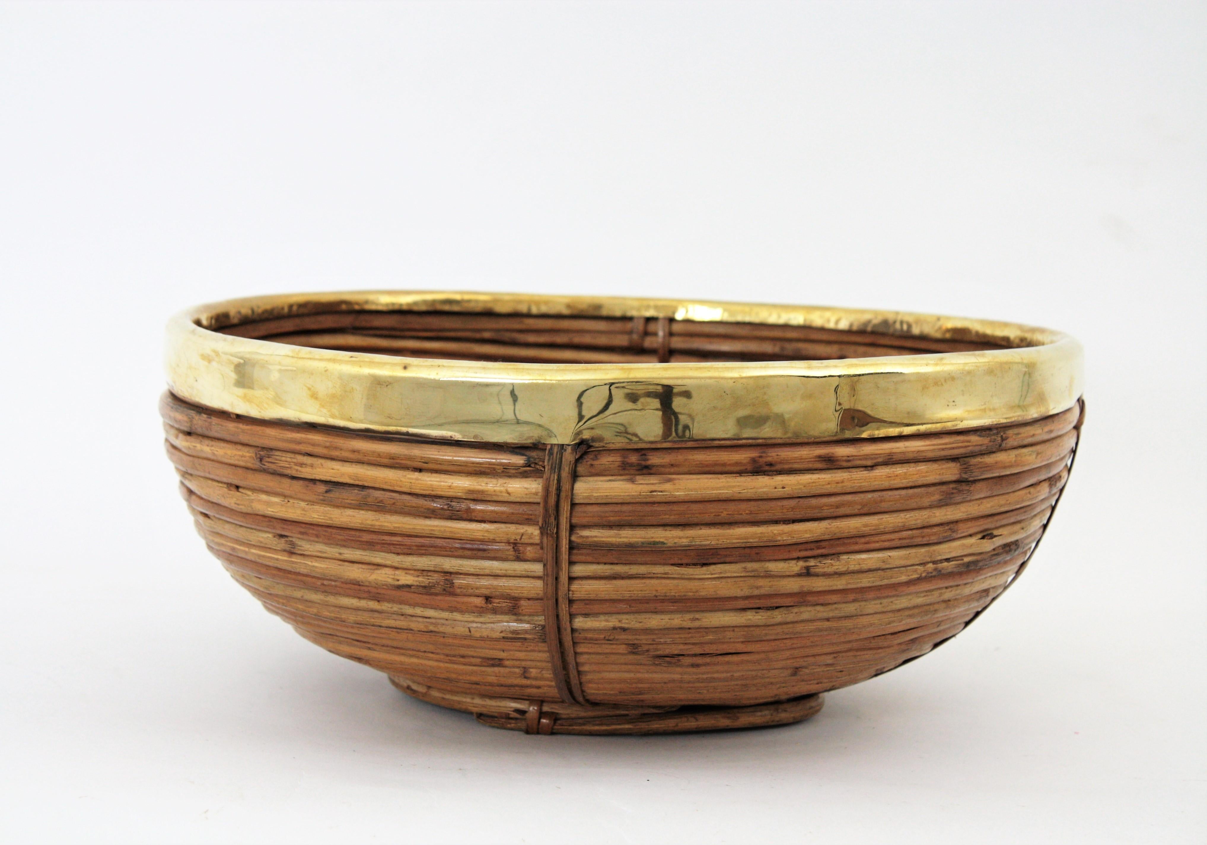 Hand-Crafted Rattan and Brass Italian Large Basket Bowl Centerpiece, 1970s
