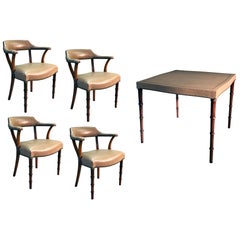 Midcentury Game Table and Chairs Upholstered in Taupe Leather