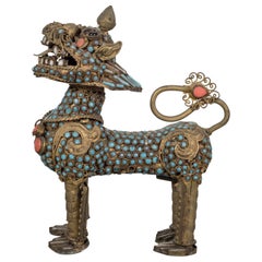 Midcentury Gemstone Coral, Turquoise Nepalese Snowlion, circa 1960