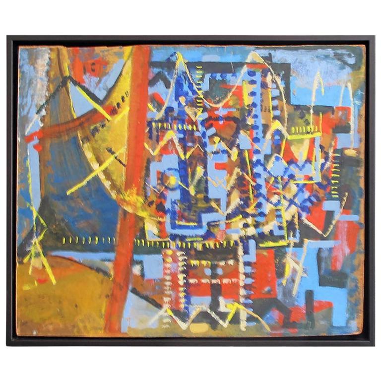 Midcentury Geometric Abstract Oil Painting in Blue, Red and Yellow on Masonite
