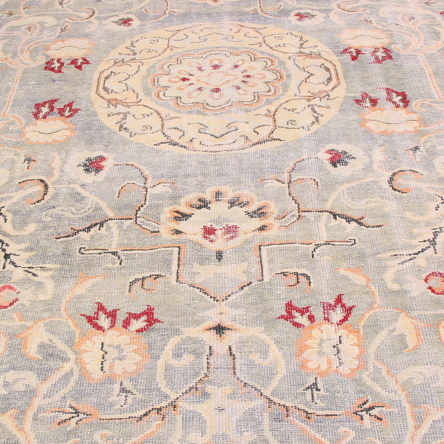 Hand-Knotted Midcentury Geometric Beige and Blue Hand Knotted Wool Rug Floral by Rug & Kilim For Sale