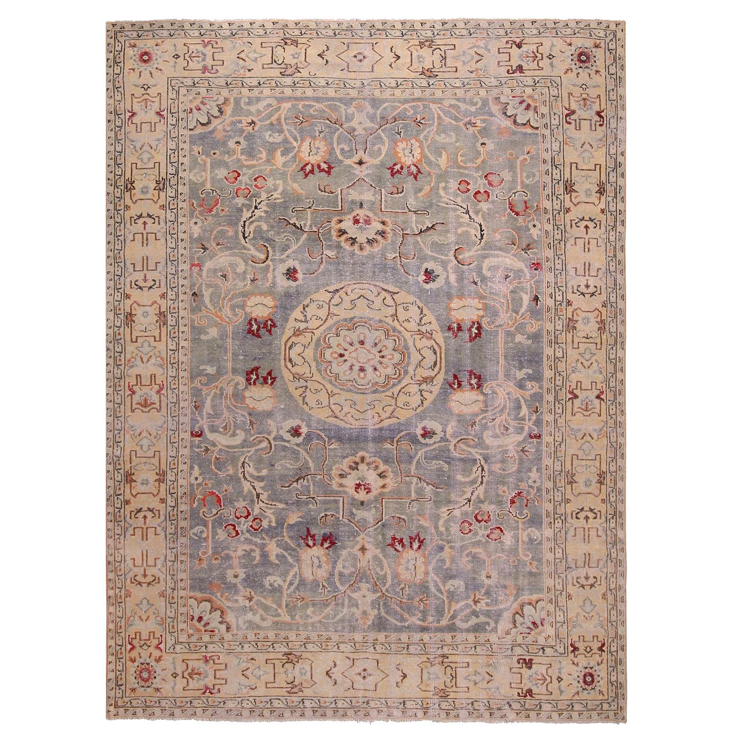 Midcentury Geometric Beige and Blue Hand Knotted Wool Rug Floral by Rug & Kilim