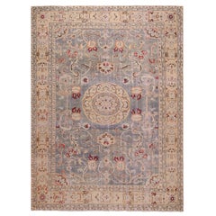 Tappeto geometrico beige e blu in lana annodata a mano del Midcentury Rug & Kilim