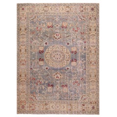 Retro Midcentury Geometric Beige and Blue Hand Knotted Wool Rug Floral by Rug & Kilim