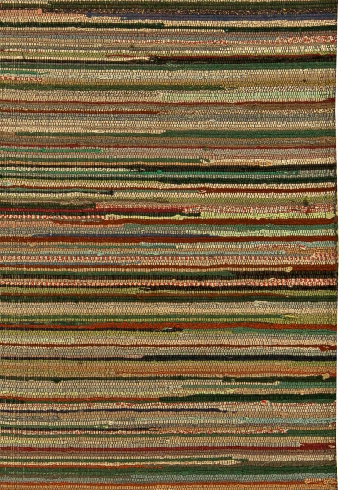Hand-Knotted Midcentury Geometric Handmade Wool American Rag Rug in Red, Blue, Brown, Yellow