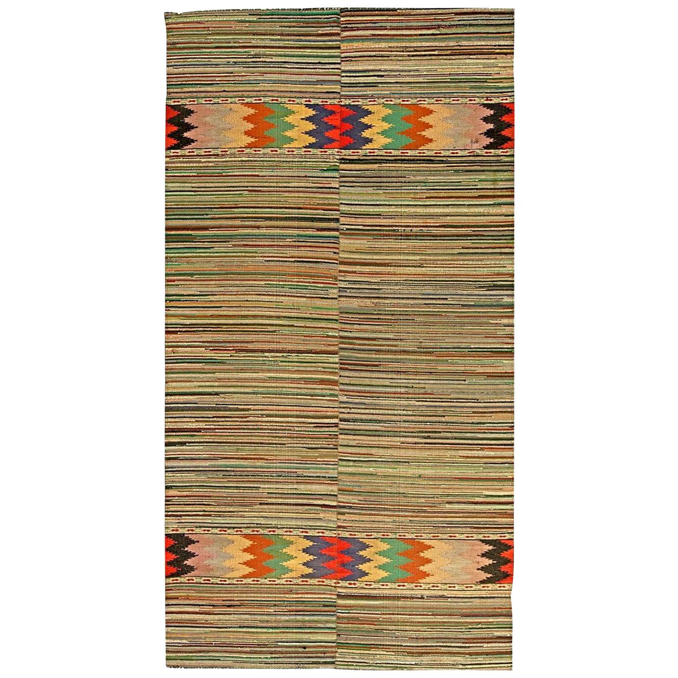 Midcentury Geometric Handmade Wool American Rag Rug in Red, Blue, Brown, Yellow