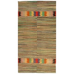 Retro Midcentury Geometric Handmade Wool American Rag Rug in Red, Blue, Brown, Yellow