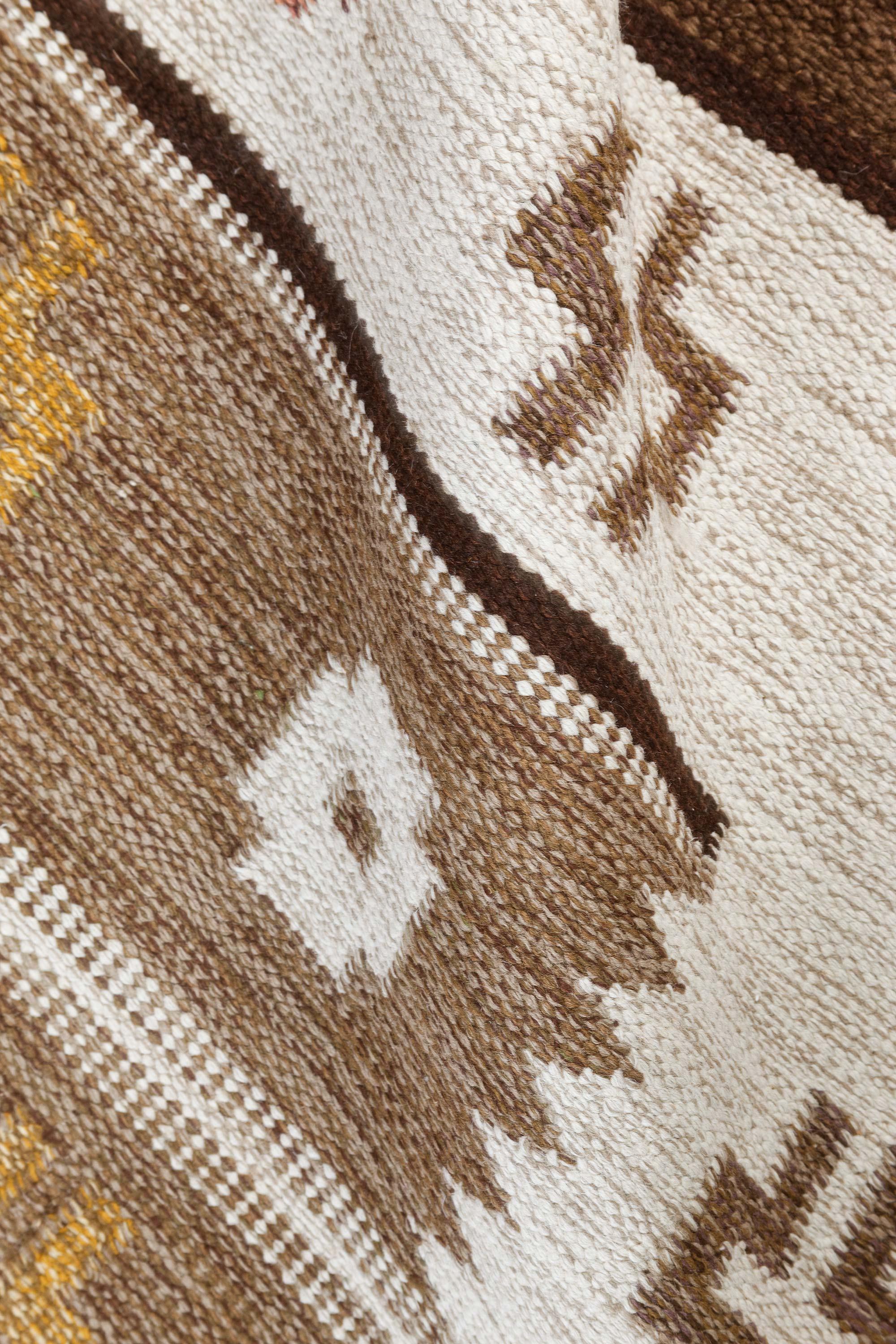 Mid-20th century geometric brown, ivory, yellow Scandinavian handmade wool rug
Size: 4'6