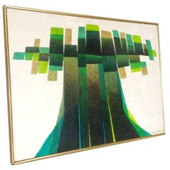Vintage Midcentury Geometric Tree Oil Painting on Board by Van Gelderen