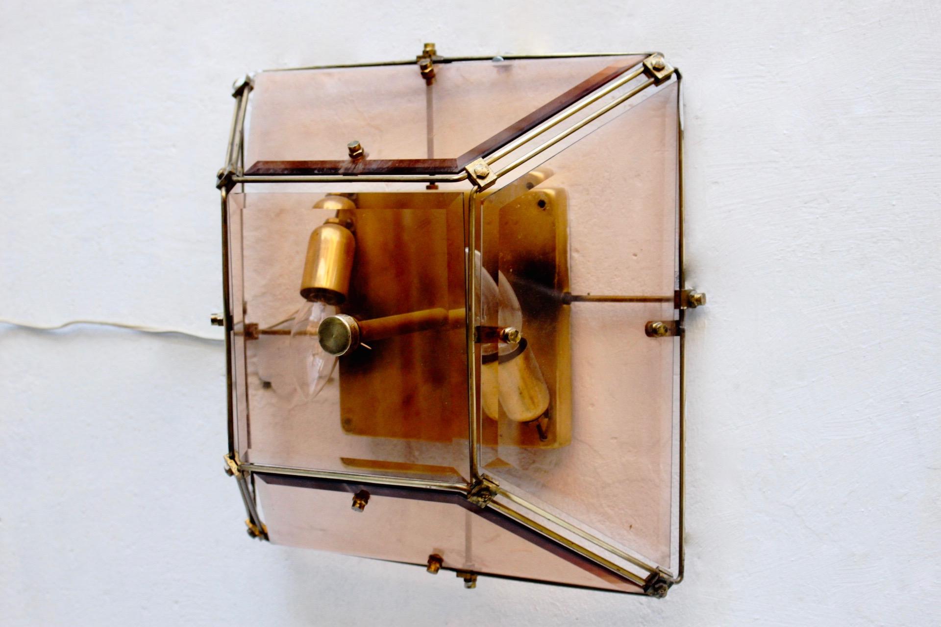 Mid-Century Modern Midcentury Geometrical Brass and Beveled Amber Glass Sconce, Spain, 1960s For Sale