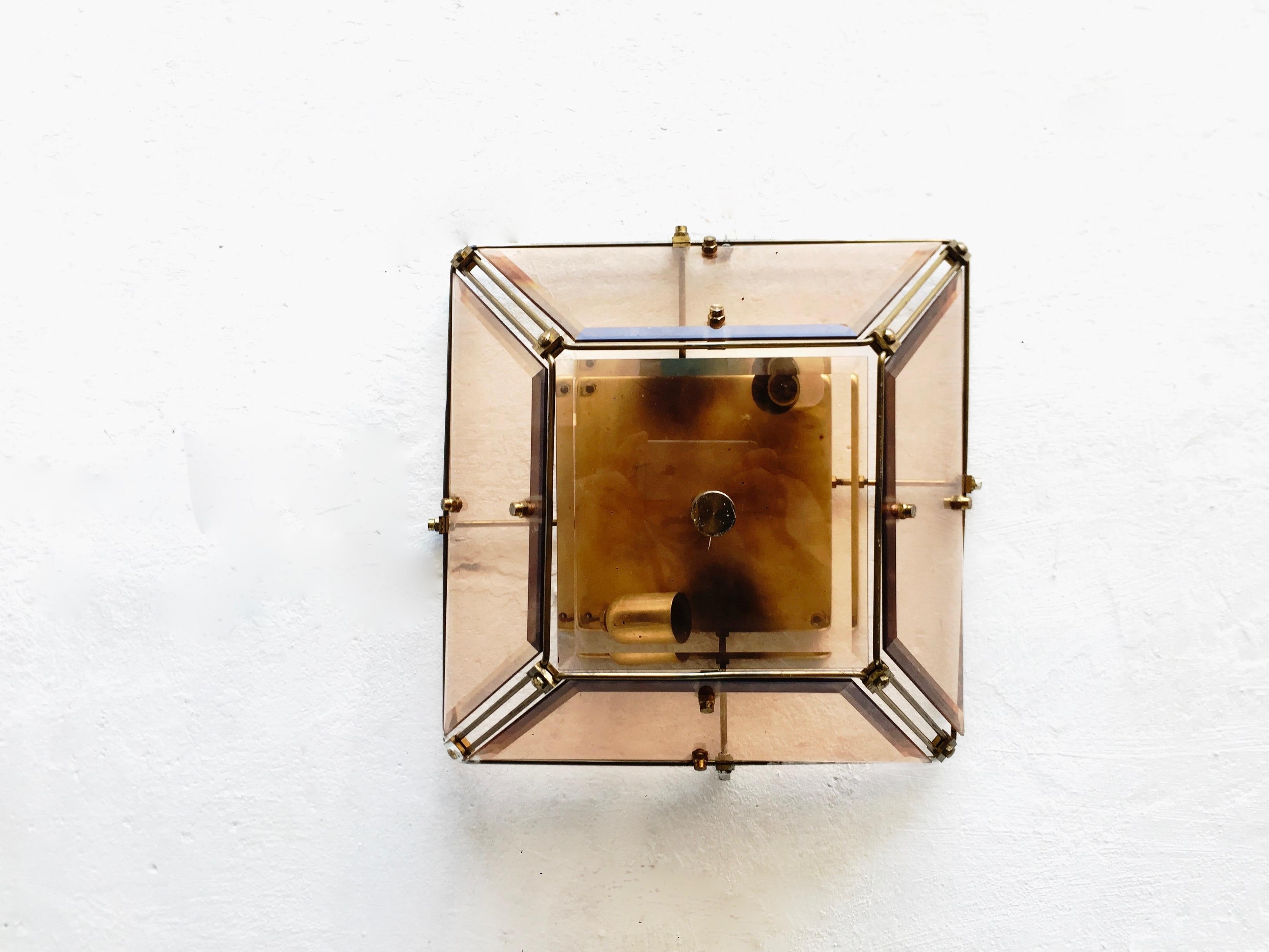 20th Century Midcentury Geometrical Brass and Beveled Amber Glass Sconce, Spain, 1960s For Sale