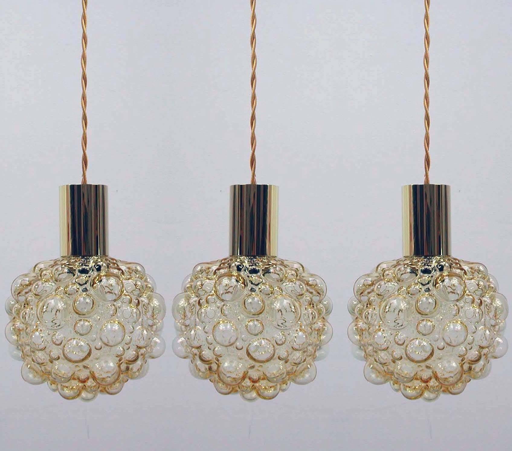 Mid-Century Modern Midcentury German Amber Glas Bubble and Brass Pendant, 1960s