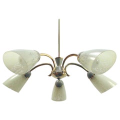 Lampadario tedesco a 5 luci Sputnik in ottone e vetro, 1950s