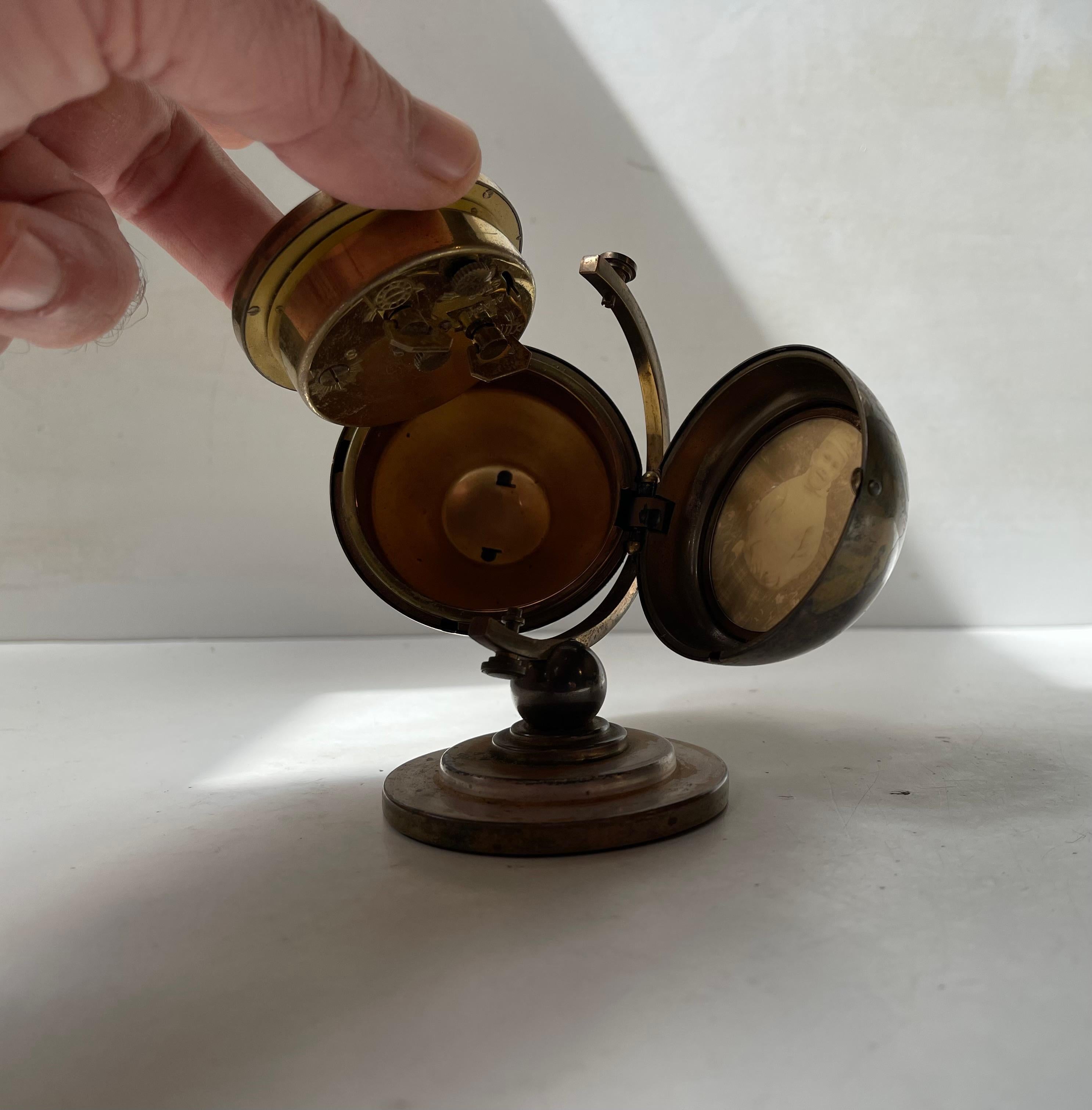 Midcentury German Clock Brass World Globe Form Desk Timepiece by EUROPA 1
