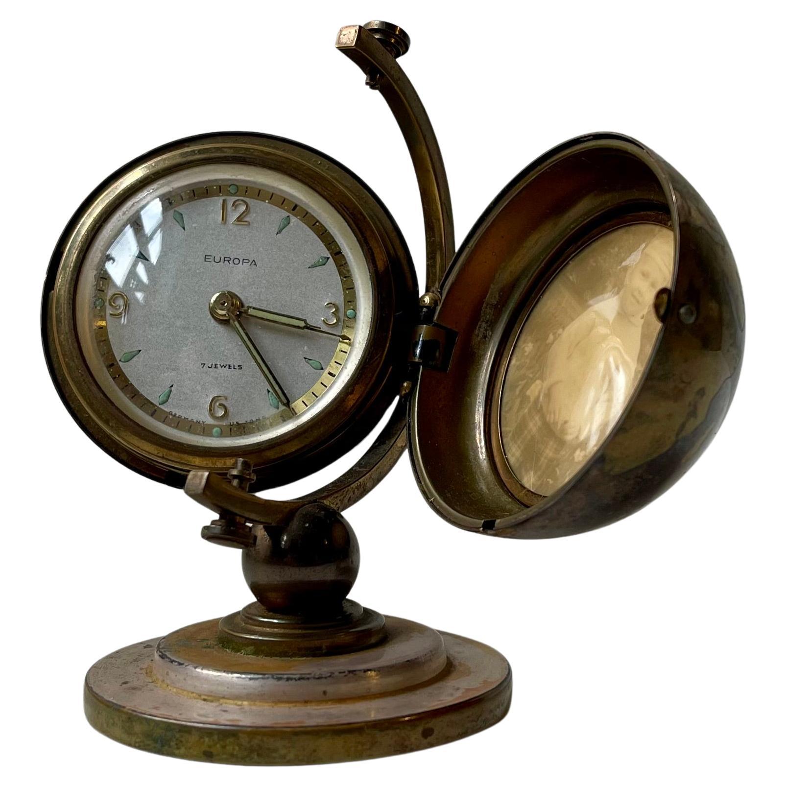 Midcentury German Clock Brass World Globe Form Desk Timepiece by EUROPA