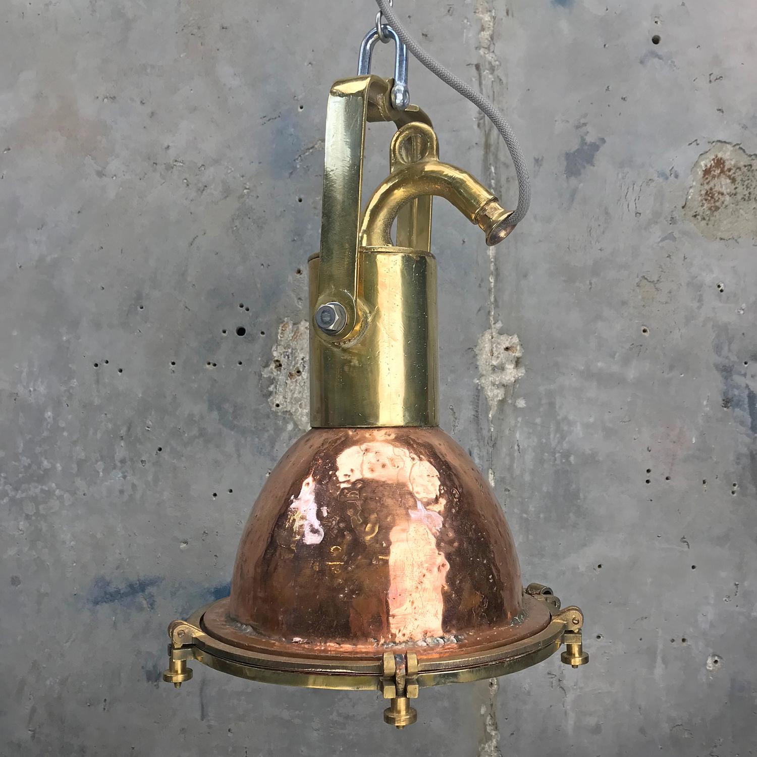 Midcentury German Copper, Brass and Glass Industrial Marine Pendant Light 7