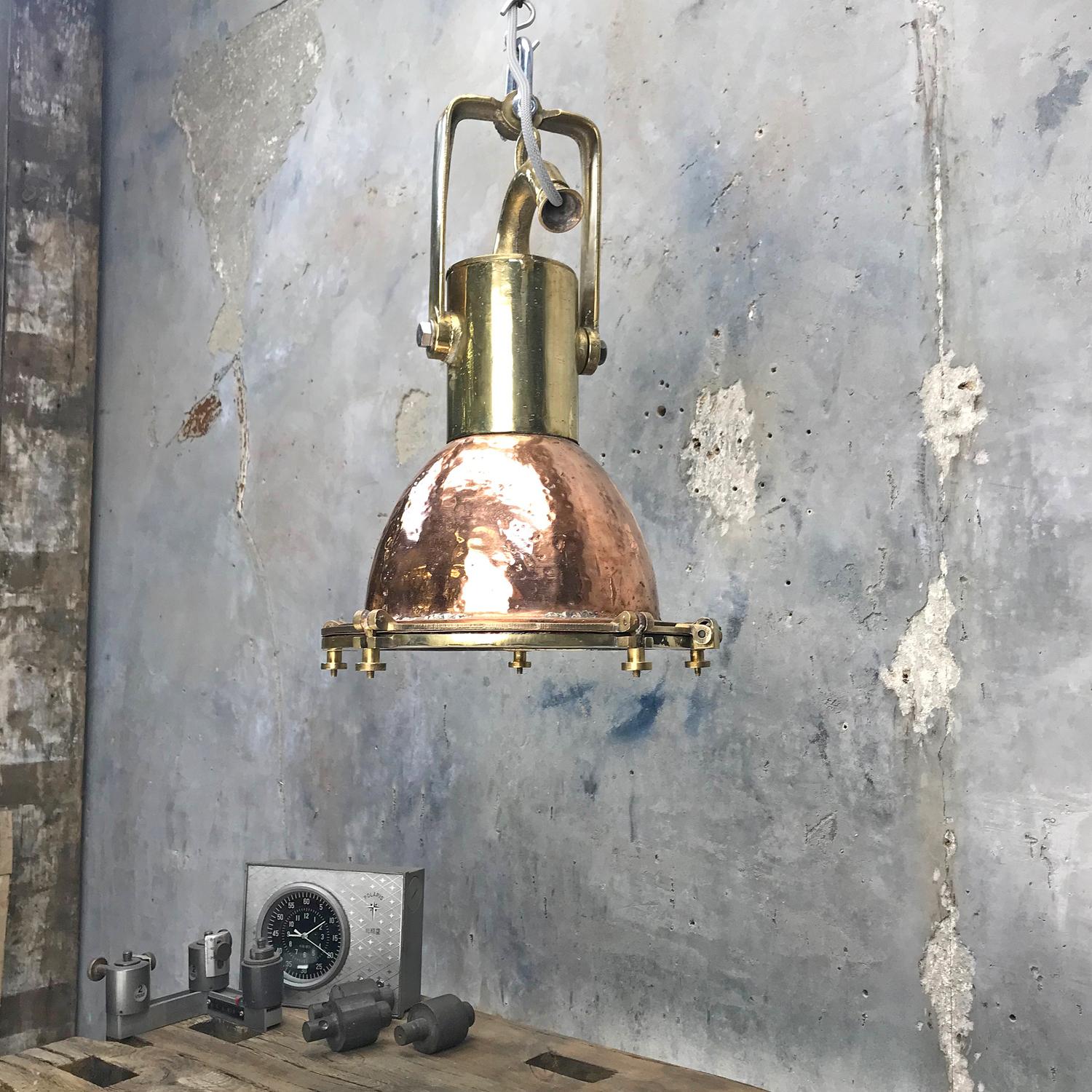 Midcentury German Copper, Brass and Glass Industrial Marine Pendant Light 8