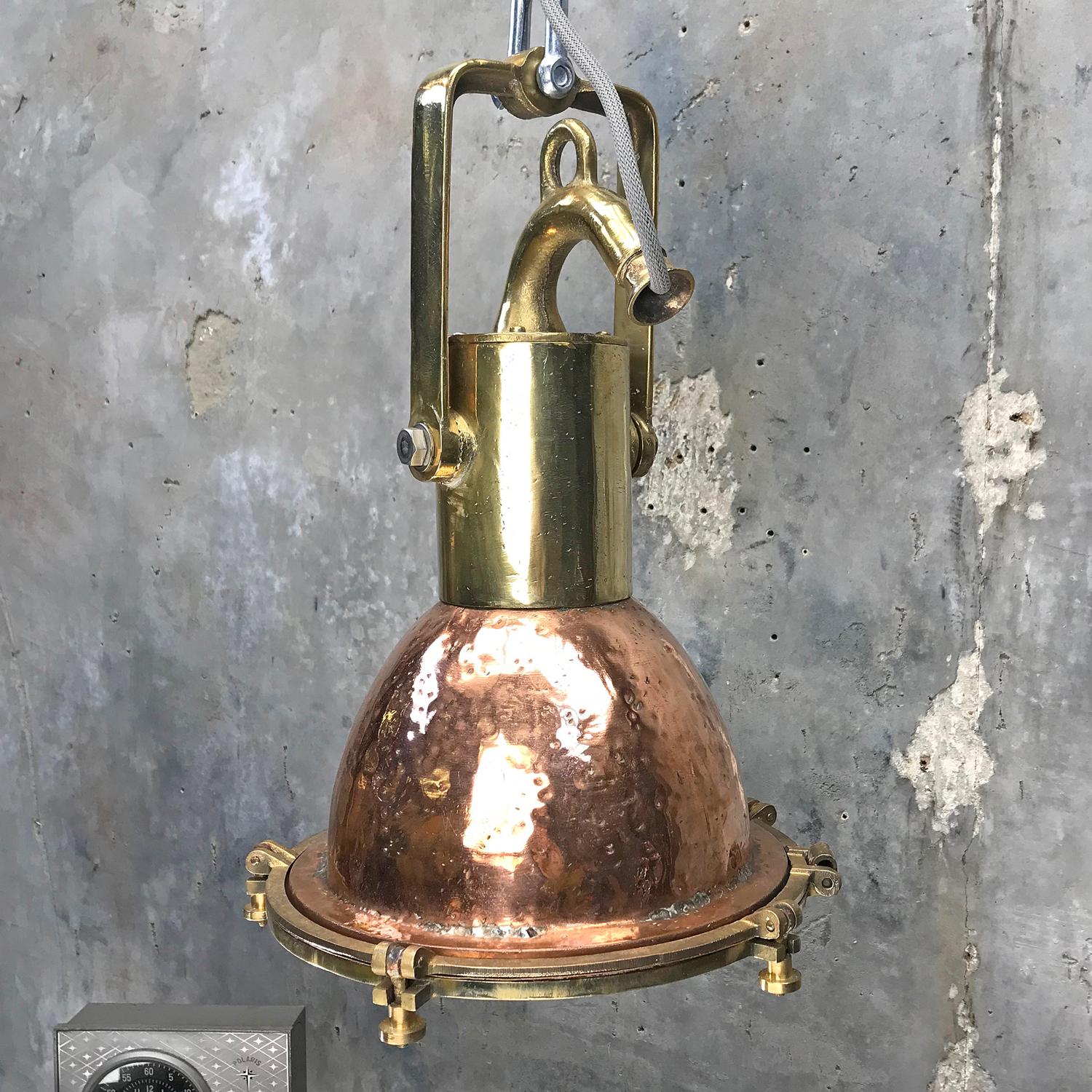 Midcentury German Copper, Brass and Glass Industrial Marine Pendant Light 9
