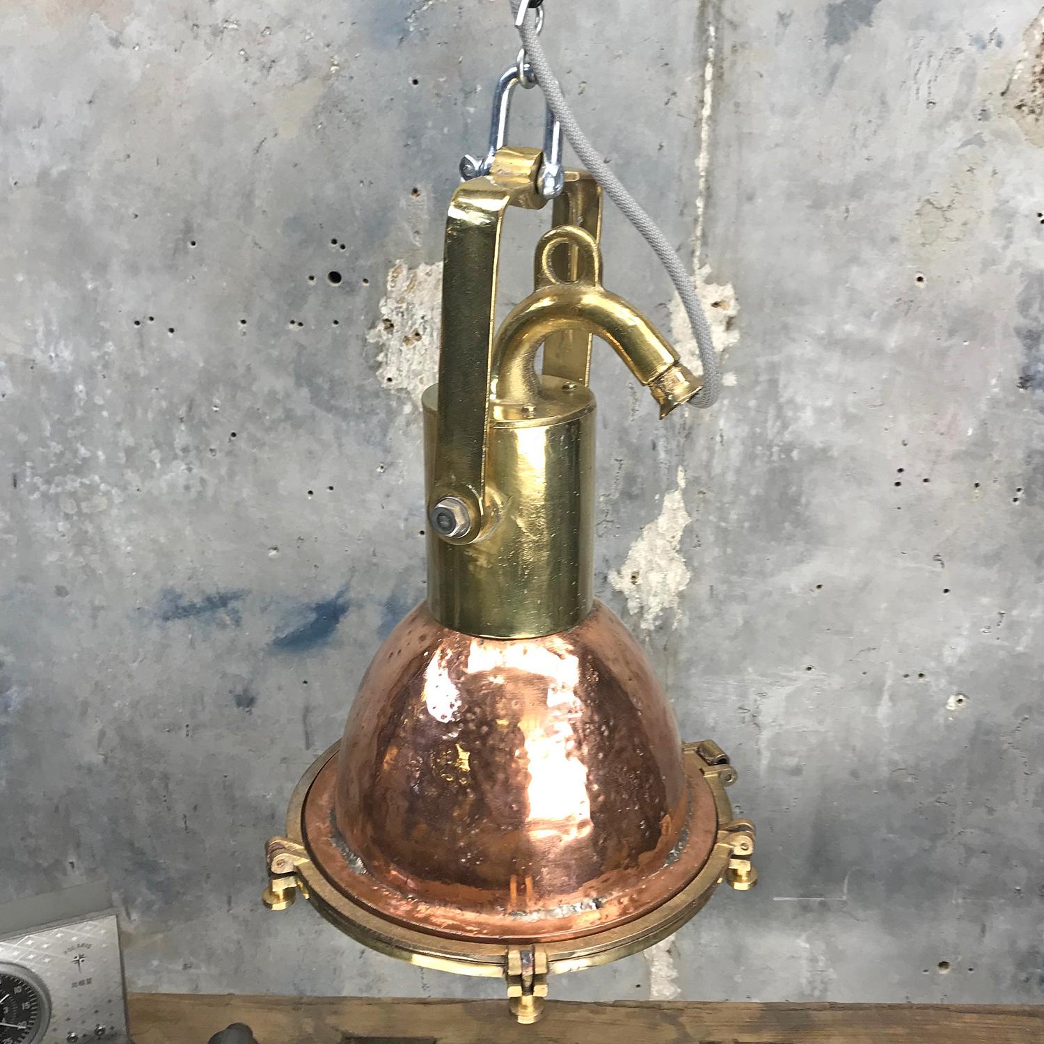 Midcentury German Copper, Brass and Glass Industrial Marine Pendant Light 10